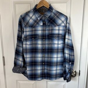 Jach’s Girlfriend M Blue Plaid Flannel with Pearl Snaps